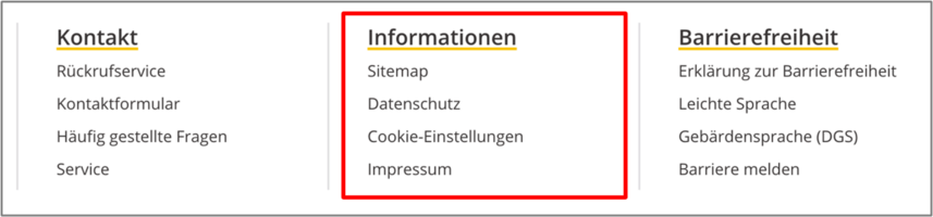 Fuß-Zeile, Informationen: Sitemap, Datenschutz, Cookie-Einstellungen, Impressum